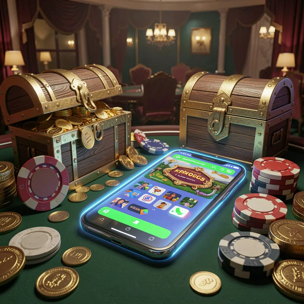 BD520 Casino APK download scene featuring a glowing smartphone displaying an Android-style mobile app layout with a treasure chest, chips, and coins nearby in a luxury 3D render
