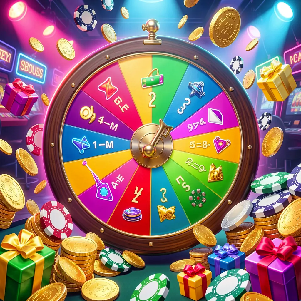 BD520 casino bonus wheel with colorful prize sections surrounded by golden coins, chips, and gift boxes under bright neon casino lights in a dynamic composition