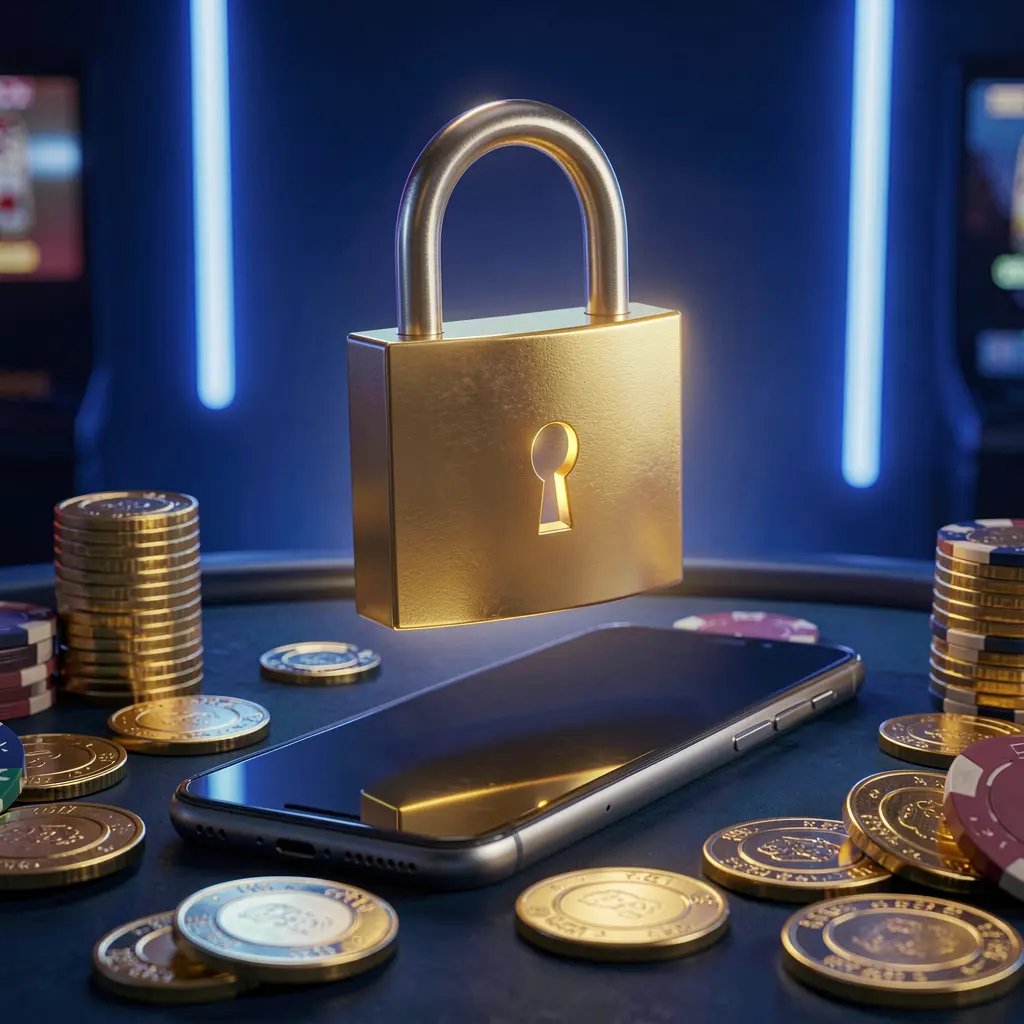 BD520 casino login security image showing a glowing padlock floating above a smartphone with golden coins and chips scattered around on a dark blue neon background
