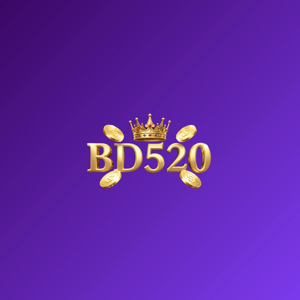 BD520 casino-style logo with golden letters and a crown, sparkling coins surrounding the text, creating a luxury gaming atmosphere on a transparent background, designed as a horizontal rectangular wordmark for a website header