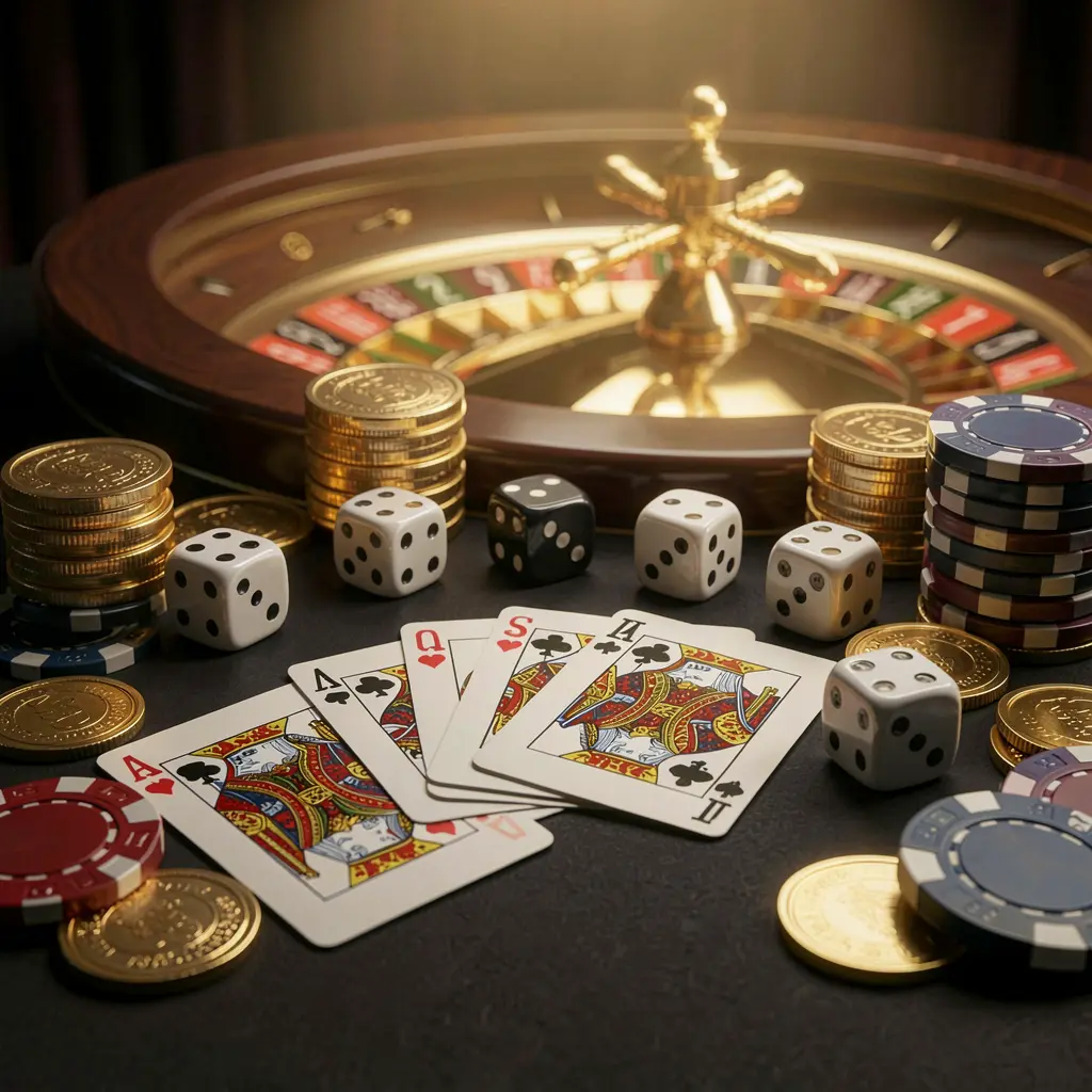 Elegant online casino homepage featuring BD520 brand with royal flush cards, dice, golden coins, poker chips on dark table, and glowing roulette wheel in cinematic 3D render